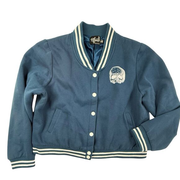 Hell Bunny Wake Up Skull Bomber Jacket 2XL 14 US Blue Goth Rockabilly Retro - Picture 1 of 12